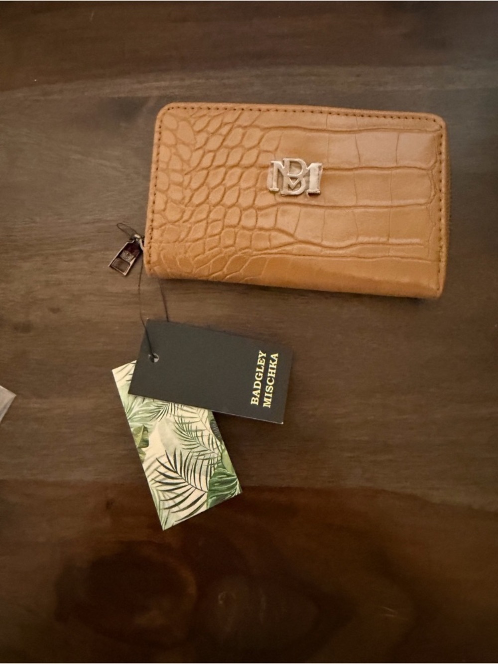 Badgley Mischka Croc-Embossed Tan Zip-Around Wallet